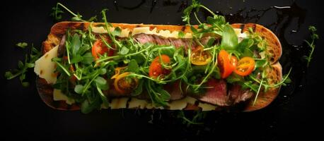 Top View of a Steak Sandwich with Sliced Roast Beef, Arugula, and Cheese on a Black Background. photo