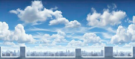 The city or town has a wall built outside with windows, set against a backdrop of blue sky and photo