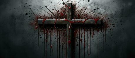 a Christian cross created using rusty nails, with drops of blood on a grey background. It is a photo
