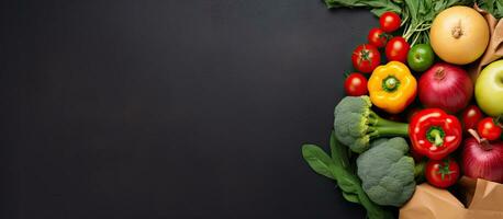 Top view of a paper bag filled with raw vegetables and fresh fruit on a dark background, with space photo