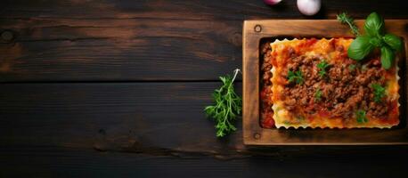 A picture of Italian lasagna with Bolognese sauce and minced beef meat on a dark wooden background. photo