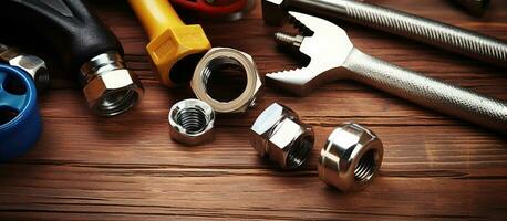 A picture from above showing plumbing tools on a brown table. On the right side, composition of photo