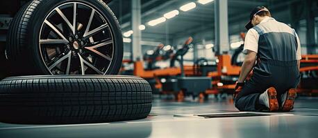 Mechanic replacing a tire with a blank space for text in a repair service center. The background photo