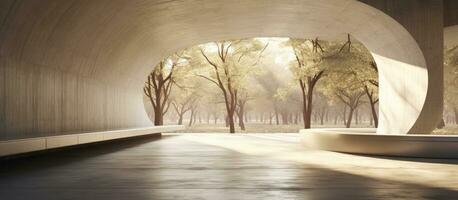 A 3D rendering of a concrete hallway with a park background shows space for showcasing products photo