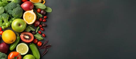 A photograph of fresh fruits and vegetables placed on a grey background, representing healthy eating. photo