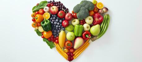 Fruits and vegetables arranged in the shape of a heart, representing healthy food and nutrition, photo