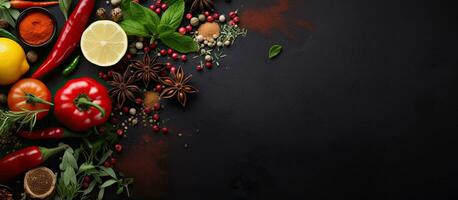 Top view of vibrant spices and fresh vegetables on a dark metal background, offering space for photo