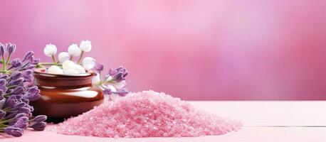 Lavender Sea Salt With Natural Spa Products On A Pink Background. Banner. Copy Space photo