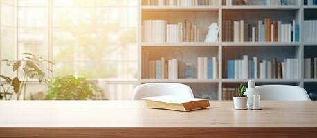 white table in a blurred study room, with books, stationery, and copy space photo