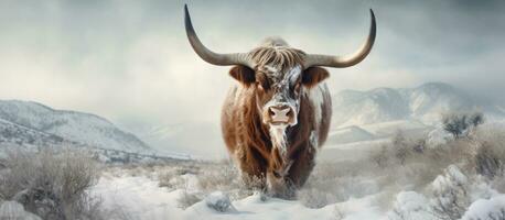 A Texas Longhorn cow with big horns is seen in the winter with blurred snow in the foreground and photo