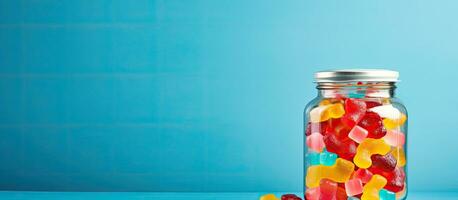 A jar filled with jelly candies is placed on a blue background with plenty of space for additional photo