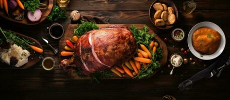 The Easter ham dinner is showcased in an overhead view, bordered on a dark wood banner background. photo