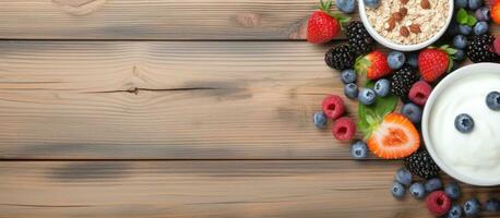 healthy breakfast consisting of cottage cheese topped with granola, dried fruits, and fresh berries. photo