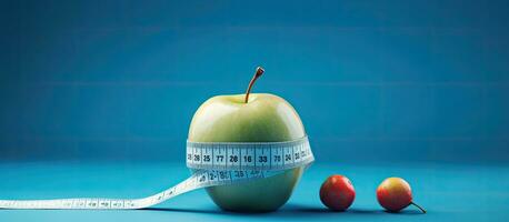 Weight loss and healthy eating is depicted in an image of an apple with a measuring tape wrapped photo