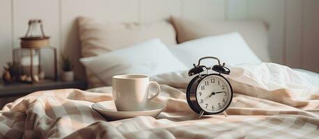 alarm clock and a cup of coffee placed on a white bedside table in front of a bed with gray linens. photo