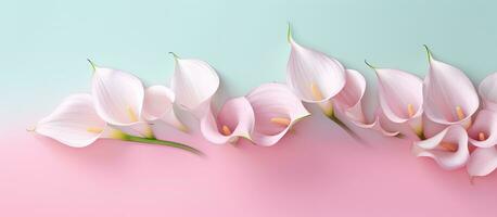 el creativo primavera diseño consiste de calla lirio flores con rosado pintar goteo en un pastel foto