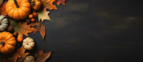 dry leaves and a pumpkin on a blackboard. It is a flat lay view with space to add text. It is suitable photo