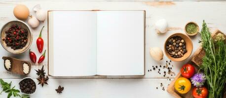 un abierto receta libro junto a varios ingredientes es metido en un blanco de madera mesa en un plano laico foto