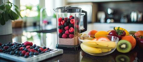 A high-angle view of a smoothie in a drinking glass and blender, with fruits on the kitchen counter. photo