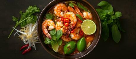 top view photo of a Laksa Shrimp Bowl with glass noodles, shrimp, bok choy, lime, ginger, and chili.