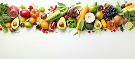 An unedited image from above showing a blank space surrounded by different types of fresh food photo