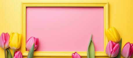 Hello Spring composition featuring an empty picture frame and vibrant yellow tulip flowers on photo