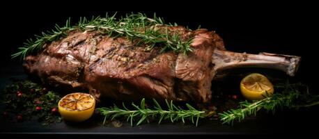 whole leg of lamb mutton that has been oven roasted with thyme. It is placed on a black background photo