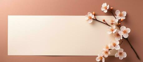 Top view of a minimalistic empty canvas paper or card with space for text and a flower twig, featuring photo