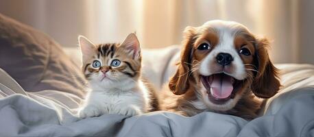 A cute King Charles Spaniel puppy hugging a kitten who is lying under a blanket and smiling. There photo