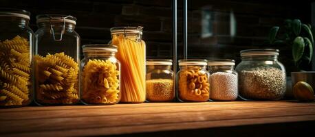 There are storage containers filled with flour and different types of pasta on the kitchen countertop. photo