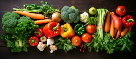 An array of fresh, organic vegetables from farmers for vegan and vegetarian diets. top-down view photo