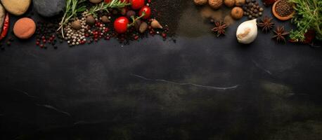 A top view of a black stone cooking background with spices and vegetables, providing free space photo