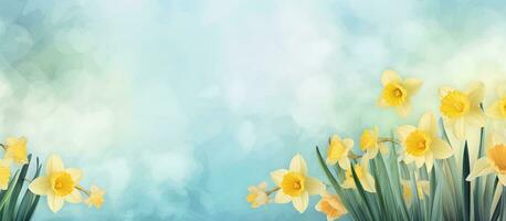 horizontal banner with copy space featuring daffodils on a watercolor background, symbolizing the photo