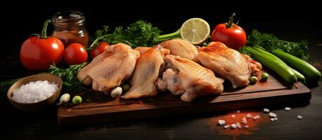 uncooked chicken wings displayed on a wooden board along with vegetables and spices on a black photo