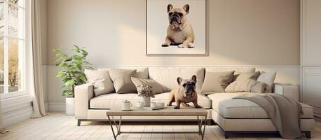 The living room interior design is stylish and cozy, featuring a mock-up structure painting, a photo