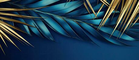 The Blue Abstract Background features a Golden Palm Leaf Pattern Texture with plenty of space for photo