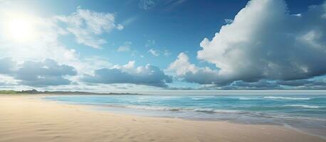 A serene scenic landscape with a wide, empty sandy beach and a beautiful cloudy sky. peaceful ambiance, photo