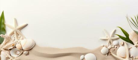 White sand frame adorned with eucalyptus leaves, seashells, and a starfish, featuring a cord for photo