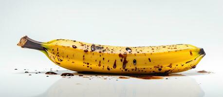 A banana that is spoiled and black can be seen on a white background. It has a brown spot and is photo