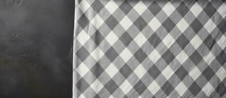 A tablecloth is folded and placed over a stone table, creating a checkered pattern. The top view photo