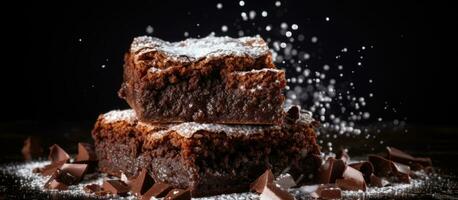 A stack of brownies on a black background, a tasty homemade chocolate dessert, a brownie with powdered photo