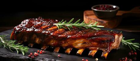 American Food Concept. Grilled Pork Ribs With Barbecue Sauce, Infused with Smoky Flavors, a Blend photo