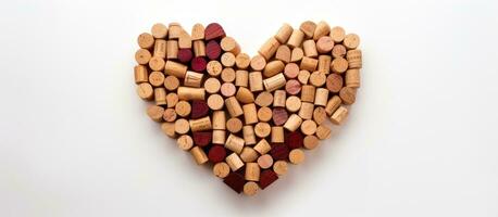 un alta calidad fotografía mostrando un corazón hecho de vino corchos en un blanco fondo, tomado desde foto