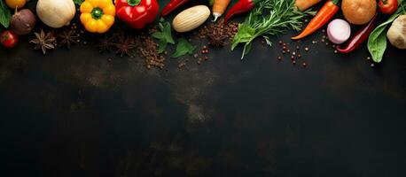 Top view of vibrant spices and fresh vegetables on a dark metal background, offering space for photo