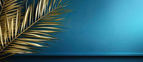 The Blue Abstract Background features a Golden Palm Leaf Pattern Texture with plenty of space for photo