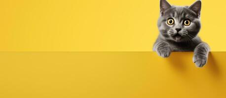 un modelo con un amarillo antecedentes es usado, presentando un hermosa gris gato saltando y jugando. foto