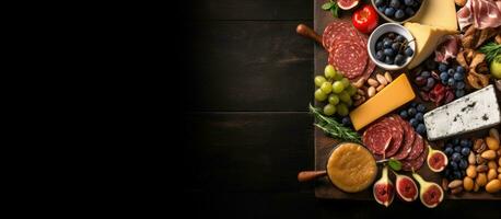 Cheese, fruit, and meat board on a dark background, seen from the top with empty space for text photo