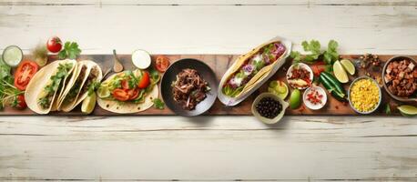 A picture of a Taco Bar with a variety of ingredients on a rustic white wood background. It is photo