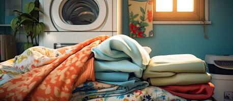 A pile of freshly laundered bedding sheets is seen in the background of a laundry room, appearing photo