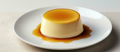 Delicious pudding made with condensed milk displayed on a white plate. Can be viewed from the top, photo